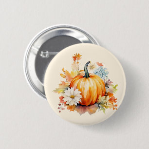 Badge Rond 5 Cm Citrouille orange et fleurs automne