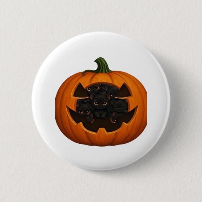 Badge Rond 5 Cm Citrouille plein de chatons - Chat noir mignon Hal (Devant)