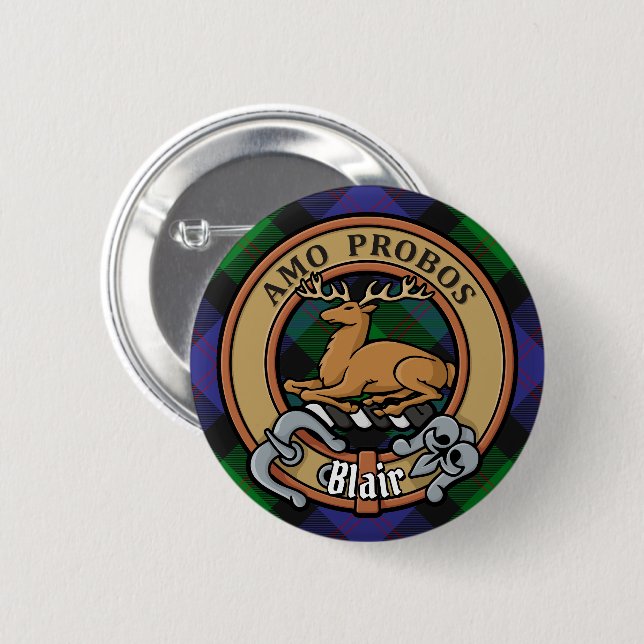 Badge Rond 5 Cm Clan Blair Crest sur Tartan (Devant & derrière)