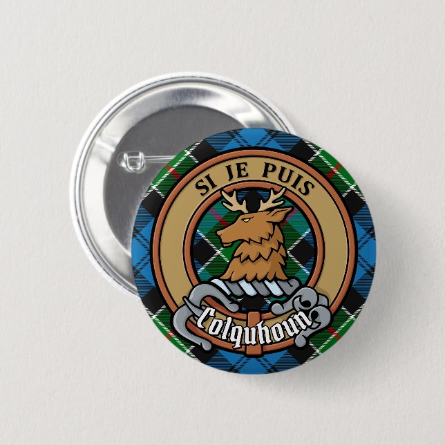 Badge Rond 5 Cm Clan Colquhoun Crest sur Tartan (Devant & derrière)
