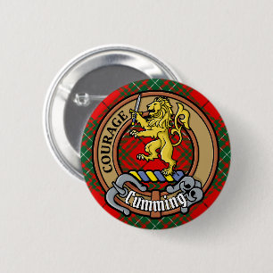 Badge Rond 5 Cm Clan Cumming Crest sur Tartan