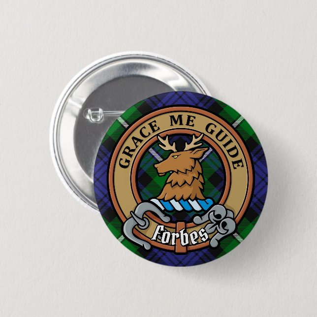 Badge Rond 5 Cm Clan Forbes Crest sur Tartan (Devant & derrière)