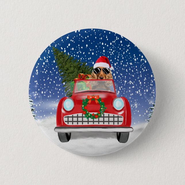 Badge Rond 5 Cm Cocker Spaniel Chien Conduite Voiture En Noël De N (Devant)