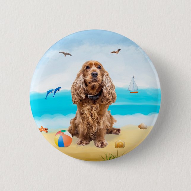 Badge Rond 5 Cm Cocker Spaniel Chien sur la plage (Devant)