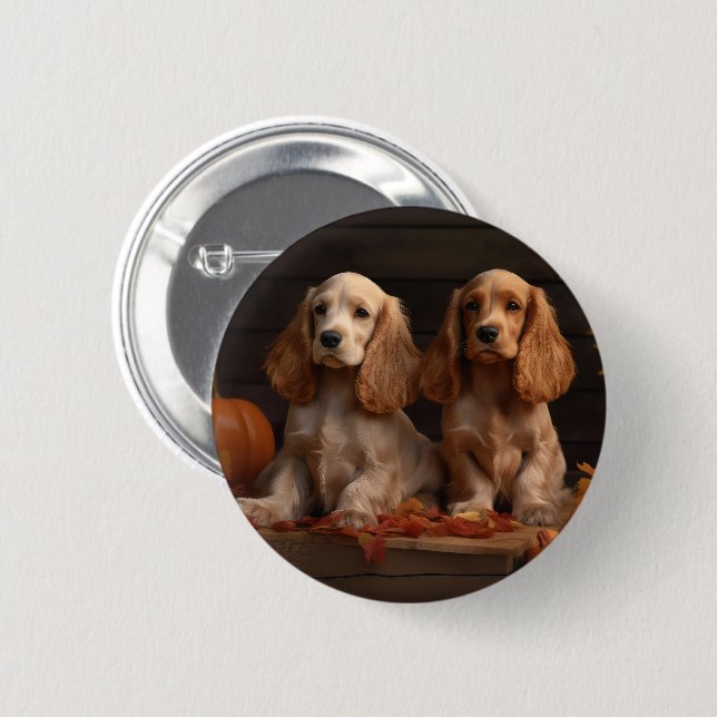 Badge Rond 5 Cm Cocker Spaniel Puppy Automne Citrouille de plaisir (Devant & derrière)