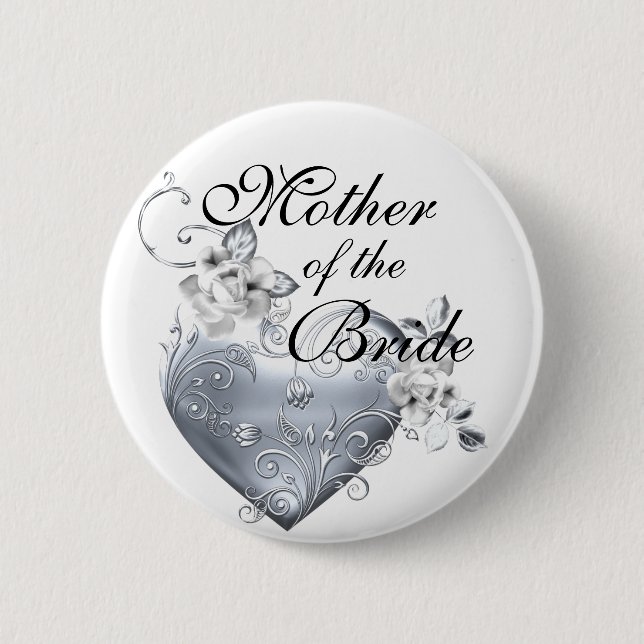 Badge Rond 5 Cm Coeur en filigrane argenté et roses blancs (Devant)