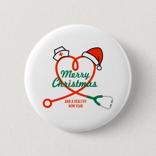 Badge Rond 5 Cm Coeur stéthoscope avec chapeau de Santa