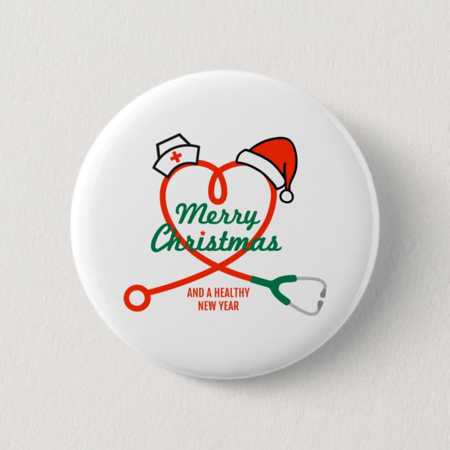 Badge Rond 5 Cm Coeur stéthoscope avec chapeau de Santa (Devant)