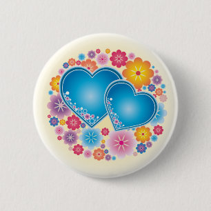 Badge Rond 5 Cm Coeurs Bleus Floral