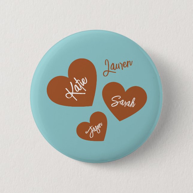 Badge Rond 5 Cm Coeurs personnalisés avec nom d'enfant Turquoise (Devant)