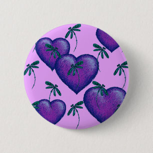Badge Rond 5 Cm Coeurs pourpres et libellules