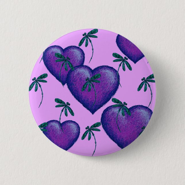 Badge Rond 5 Cm Coeurs pourpres et libellules (Devant)