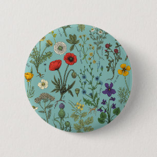 Badge Rond 5 Cm Collage de fleurs sauvages sur fond bleu
