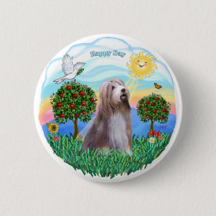 Badge Rond 5 Cm Collie hérissée (blanc-brun)
