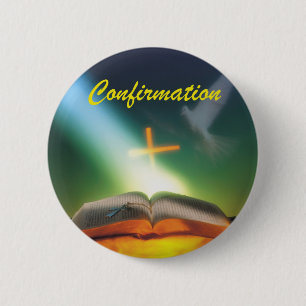 Badge Rond 5 Cm Colombe de confirmation, Bible, Croix