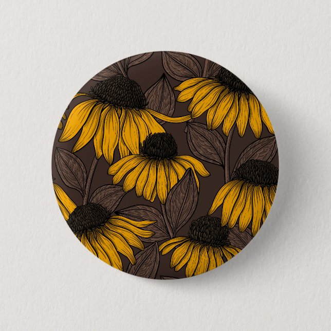 Badge Rond 5 Cm Confleurs jaunes sur brun foncé (Devant)