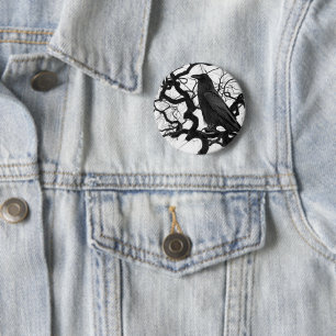 Badge Rond 5 Cm Corbeau noir dans l'arbre Photo en noir et blanc