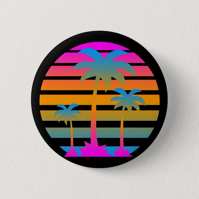 BADGE ROND 5 CM COREY TIGER RETRO SUNSET PALMIERS (Devant)