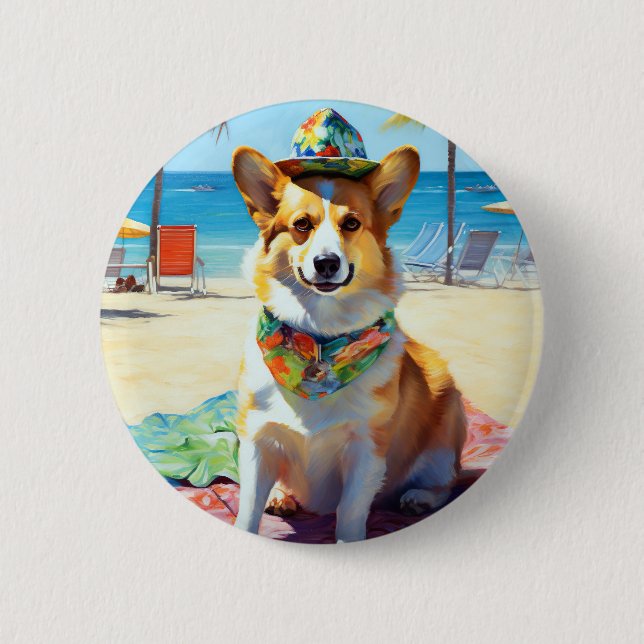Badge Rond 5 Cm Corgi on Beach, cadeau d'été pour les amoureux de  (Devant)