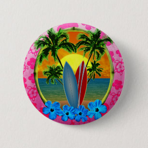 Badge Rond 5 Cm Coucher du soleil et planches de surf