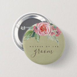 BADGE ROND 5 CM COULEUR D'EAU FLEURS ROSE FOLIAGE MÈRE DE GROOM