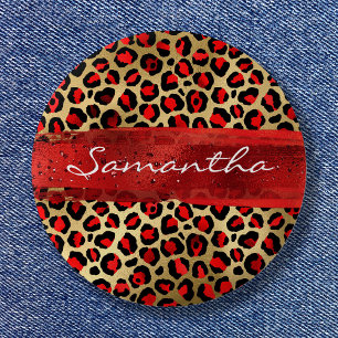 Badge Rond 5 Cm Coup de pinceau léopard à feuille d'or et rouge