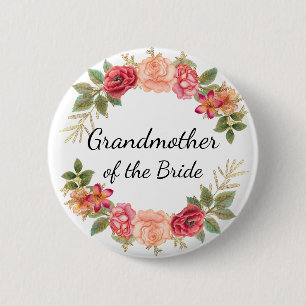 Badge Rond 5 Cm Couronne florale rose rouge Grand-mère de la marié