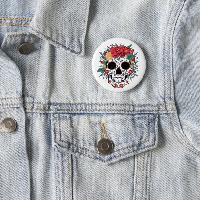 Badge Rond 5 Cm Crâne à sucre floral (En situation)