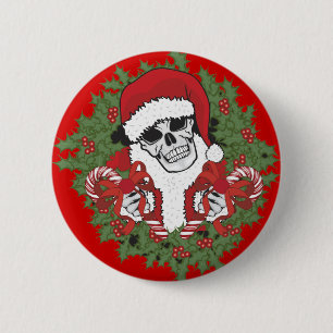 Badge Rond 5 Cm Crâne père Noël avec couronne
