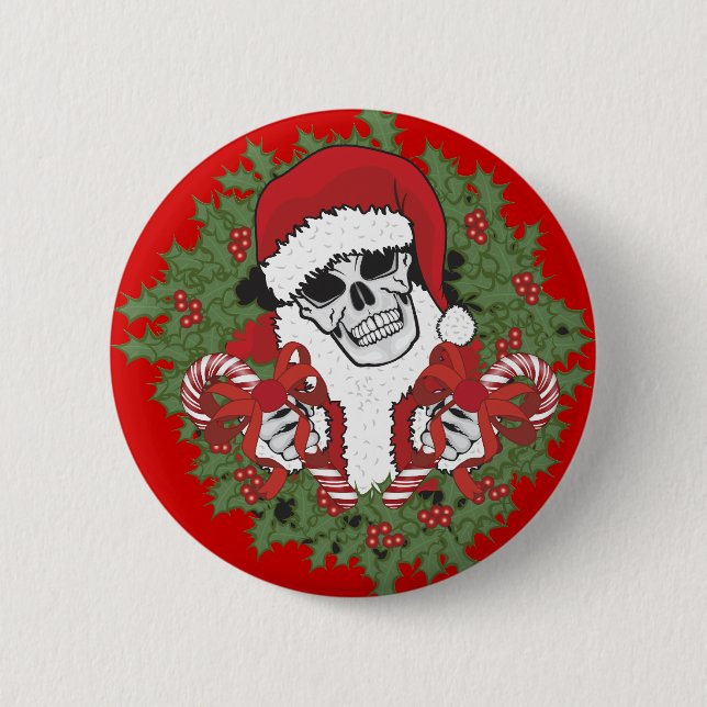 Badge Rond 5 Cm Crâne père Noël avec couronne (Devant)