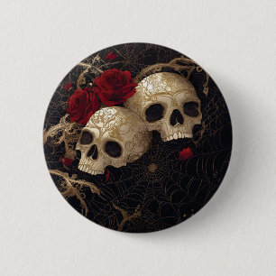 Badge Rond 5 Cm Crânes et roses rouges design