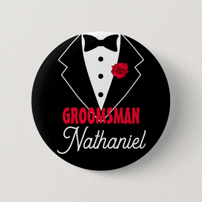 Badge Rond 5 Cm Cravate noire mariage Tuxedo, Rose rouge, personna (Devant)