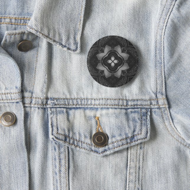 Badge Rond 5 Cm Crayon noir gris motif floral (En situation)