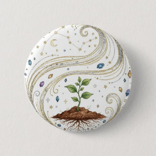 Badge Rond 5 Cm Croissance Cosmique Plante Naturelle avec Racines