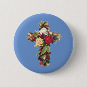 Badge Rond 5 Cm Croix de Rose