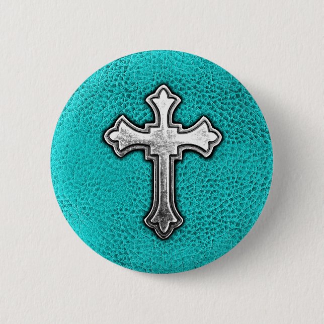 Badge Rond 5 Cm Croix turquoise en métal (Devant)