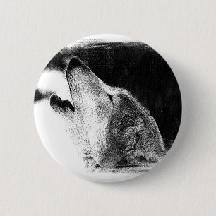 Badge Rond 5 Cm Croquis noir et blanc Loup gris