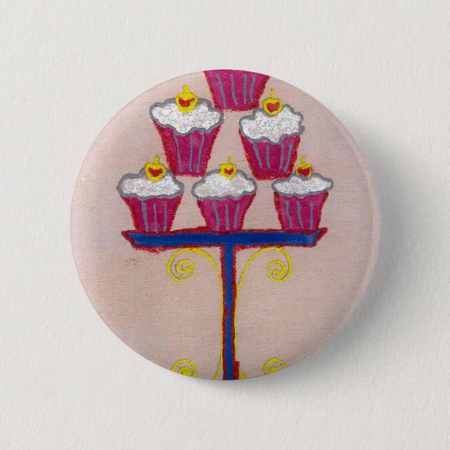 Badge Rond 5 Cm Cupcake Art Imprimer avec cerise et Arrière - plan (Devant)