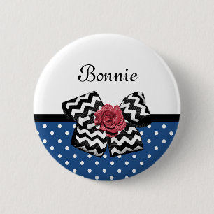 Badge Rond 5 Cm Cute Bleu Pois Rouge Rose Chevron Bow et nom