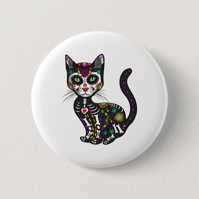 Badge Rond 5 Cm Cute Crâne Sucre Mexicaine Chat Halloween Jour De (Devant)