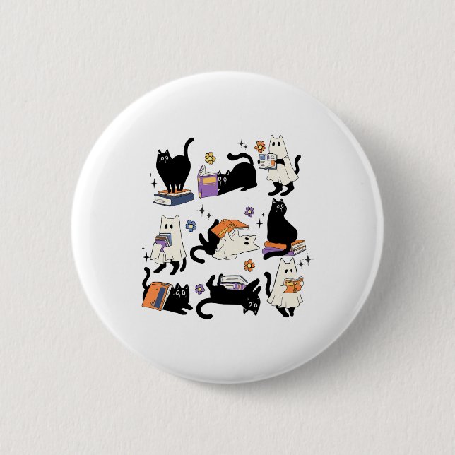 Badge Rond 5 Cm Cute Ghost Black Cat Lecture Livres Éffrayant Hall (Devant)