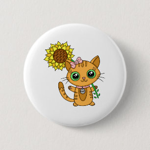 Badge Rond 5 Cm Cute Kawaii Chat Holding Fleur