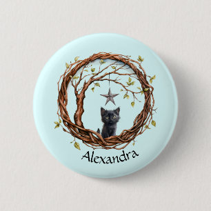 Badge Rond 5 Cm Cute Kitten noir regarder une étoile