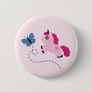 Badge Rond 5 Cm Cute Pink Unicorn avec un Papillon