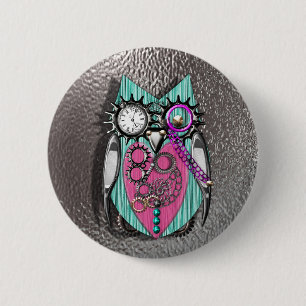Badge Rond 5 Cm Cute Quirky Owl Steam Punk Style rose Turquoise Ar
