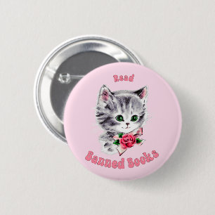 Badge Rond 5 Cm Cute Retro Chat - Lire Livres Interdits