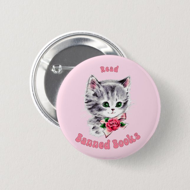 Badge Rond 5 Cm Cute Retro Chat - Lire Livres Interdits (Devant & derrière)