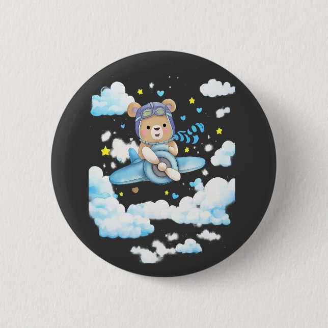 Badge Rond 5 Cm Cute Teddy Bear Pilot Airplane (Devant)