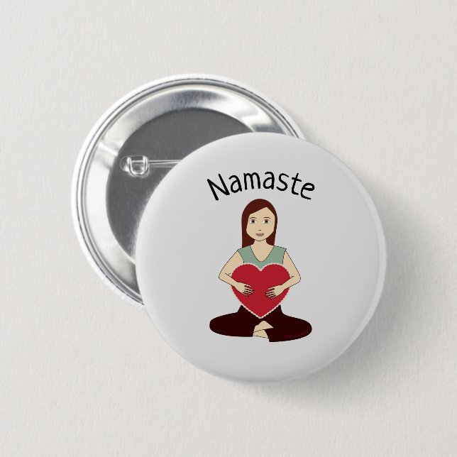 Badge Rond 5 Cm Cute Yoga Girl tenant coeur rouge Namaste (Devant & derrière)