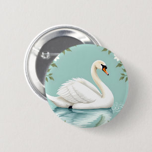 Badge Rond 5 Cm Cygne blanc élégant floral bleu